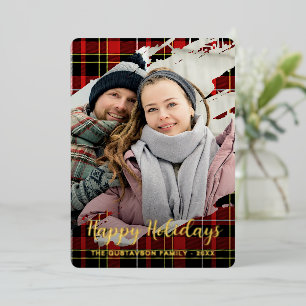 Tarjeta Festiva Con Relieve Metalizado Rojo Negro Amarillo Blanco Cuadros Patrón Oro Chic