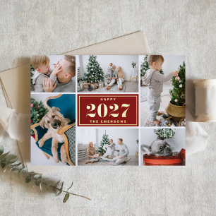 Tarjeta Festiva Con Relieve Metalizado Rojo Retro 2027 Seis Fotos Collage Año Nuevo