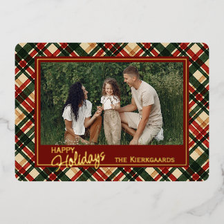 Tarjeta Festiva Con Relieve Metalizado Rojo Verde a Cuadros Patrón de Acuarela y Oro Tend