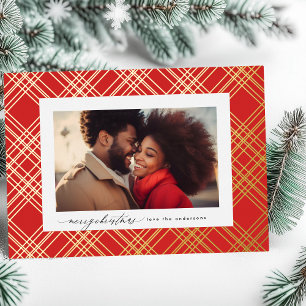 Tarjeta Festiva Con Relieve Metalizado Rojo Verde Moderno Navidades de caligrafía Gold Pl