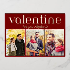 Tarjeta Festiva Con Relieve Metalizado Romantic Burgundy 3 Photo Collage Valentine's Day