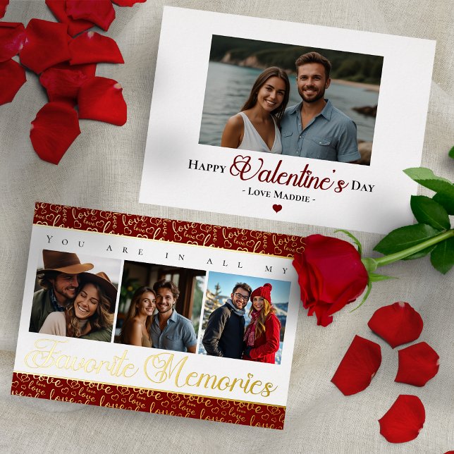 Tarjeta Festiva Con Relieve Metalizado Romantic Valentine's Day Photo Collage (Romantic Valentine's Day Photo Collage Foil Holiday Card)