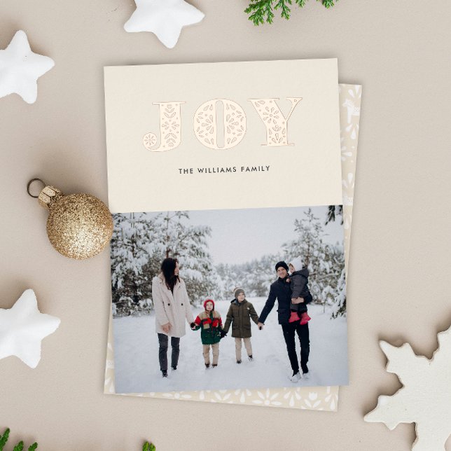 Tarjeta Festiva Con Relieve Metalizado Rosa de oro estilo dala sueco (soft beige and shiny rose gold raised foil Swedish folk art style JOY Christmas photo holiday card)
