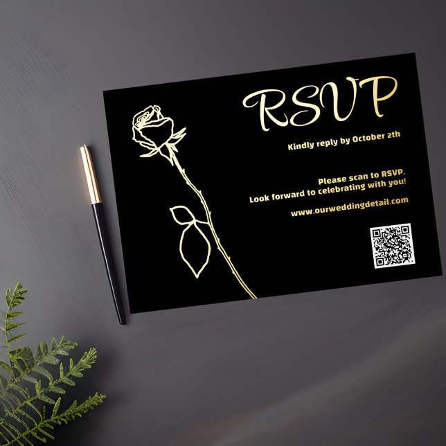 Tarjeta Festiva Con Relieve Metalizado Rosa negro y dorado código QR Boda RSVP (Subido por el creador)