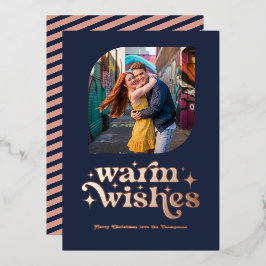 Tarjeta Festiva Con Relieve Metalizado Rosa Oro y Marina Azul Navidades Retro Moderno Fot