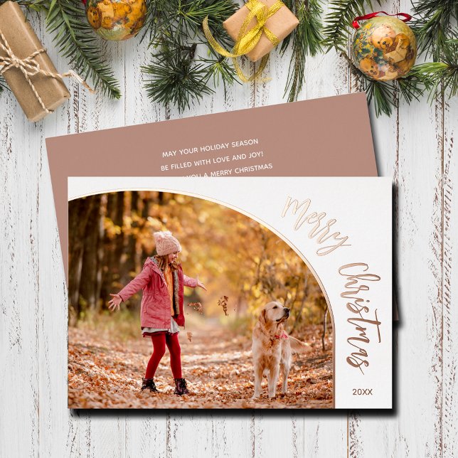 Tarjeta Festiva Con Relieve Metalizado Rose Gold Feliz Navidad Escritura (Merry Christmas REAL rose gold foil holiday photo cards)