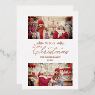 Tarjeta Festiva Con Relieve Metalizado Rose Gold Minimalist Merry Christmas Botanical