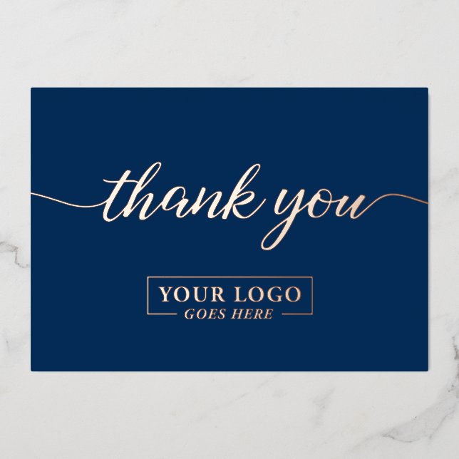 Tarjeta Festiva Con Relieve Metalizado Rose Gold Navy Blue Custom Business logo (Anverso)