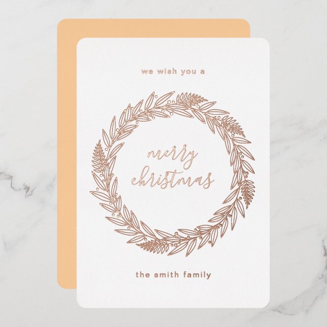 Tarjeta Festiva Con Relieve Metalizado Rose Gold Pressed Wreath Merry Christmas Foil Holi (Anverso/Reverso)