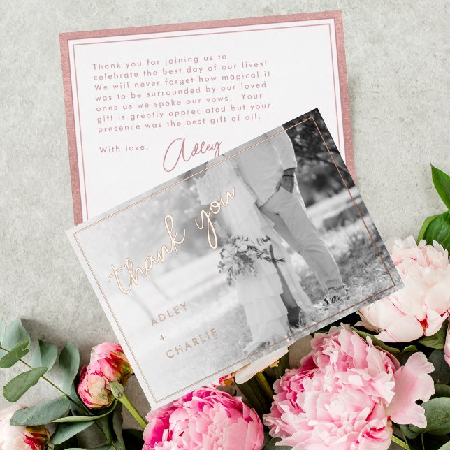 Tarjeta Festiva Con Relieve Metalizado Rose Gold Wedding Photo Thank You (Subido por el creador)