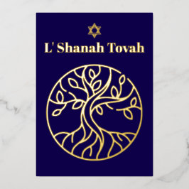 Tarjeta Festiva Con Relieve Metalizado Rosh Hashaná Árbol de la Vida con Lámina de Oro Az