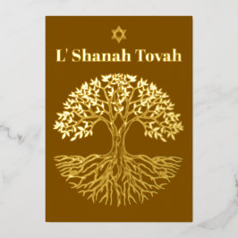 Tarjeta Festiva Con Relieve Metalizado Rosh Hashaná Árbol de la Vida en Hoja de Oro Marró