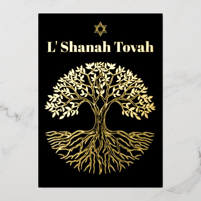 Tarjeta Festiva Con Relieve Metalizado Rosh Hashanah Relieve metalizado dorado Árbol de v (Anverso)