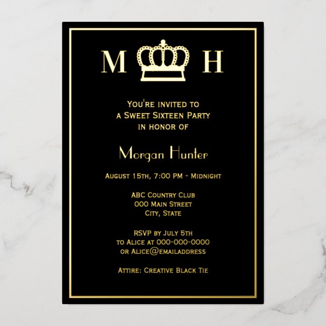 Tarjeta Festiva Con Relieve Metalizado Royal Princess Crown #1 Sweet Sixteen (Anverso)