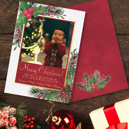 Tarjeta Festiva Con Relieve Metalizado Rustic Holly y Pine Merry.