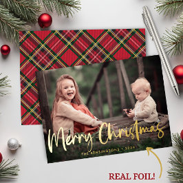 Tarjeta Festiva Con Relieve Metalizado Rustic Merry Christmas Tartan Plaid Holiday Photo