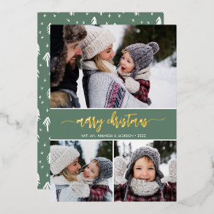 Tarjeta Festiva Con Relieve Metalizado Rustic Modern Merry Christmas Three Photo