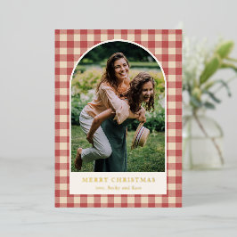 Tarjeta Festiva Con Relieve Metalizado Rustic Red Gingham Arch Foto Navidades modernos