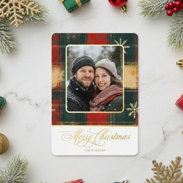 Tarjeta Festiva Con Relieve Metalizado Rustic Snowflake Plaid Foto Feliz Navidad