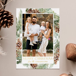 Tarjeta Festiva Con Relieve Metalizado Rústica acuarela Pine Cone Wreath 2 Foto