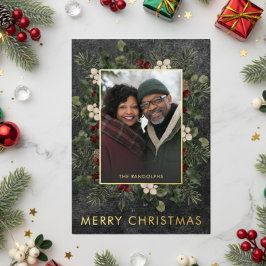 Tarjeta Festiva Con Relieve Metalizado Rústicas Berries y Navidades negros de pino