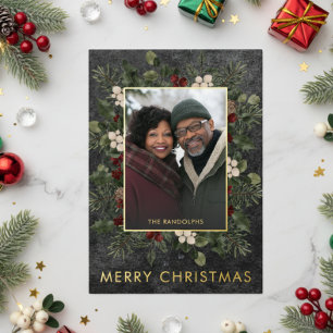 Tarjeta Festiva Con Relieve Metalizado Rústicas Berries y Navidades negros de pino