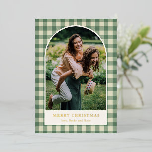 Tarjeta Festiva Con Relieve Metalizado Rústico Green Gingham Arch Foto Navidades modernos
