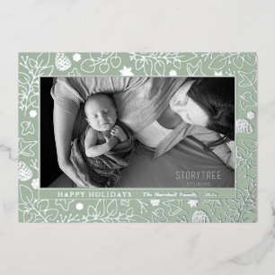 Tarjeta Festiva Con Relieve Metalizado Sage Green Botanical Merry Christmas Rosa Gold