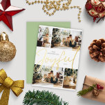Tarjeta Festiva Con Relieve Metalizado Sage Green Minimalista Cuatro Navidades alegres<br><div class="desc">Una tarjeta de vacaciones de Relieve metalizado de Navidades con cuatro fotos de familia editables y una caligrafía de guion con letras verdes de la palabra "alegre" en el centro.</div>
