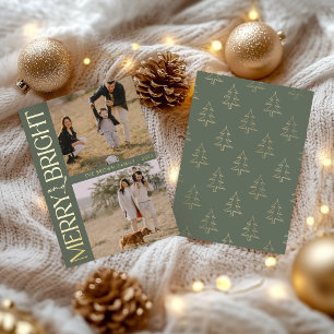 Tarjeta Festiva Con Relieve Metalizado Sage Simple Photo Texto "Merry and Bright"