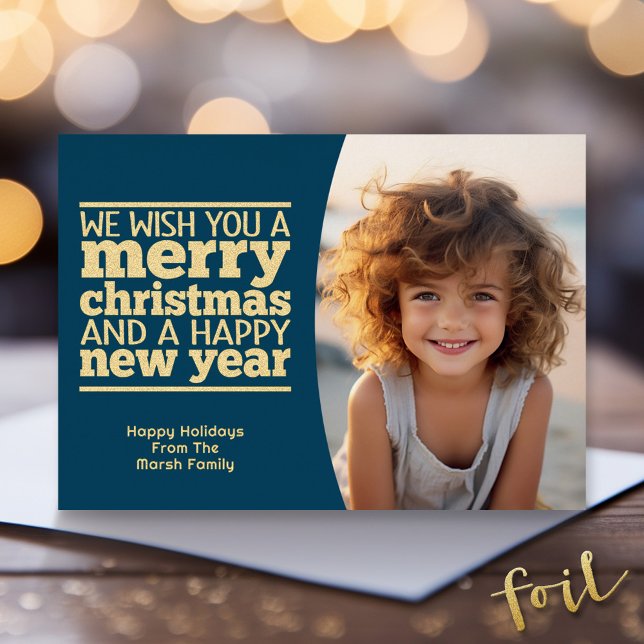 Tarjeta Festiva Con Relieve Metalizado Saludo de Navidades botánicos azules - 1 foto (Gold Foil Christmas Photo Card - Modern Holiday Greeting)