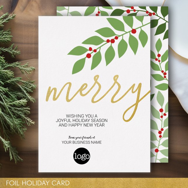 Tarjeta Festiva Con Relieve Metalizado Saludo de Navidades de negocios - Feliz - (Business Holiday Card - Add Your Logo to this Foil Accented Office Card)
