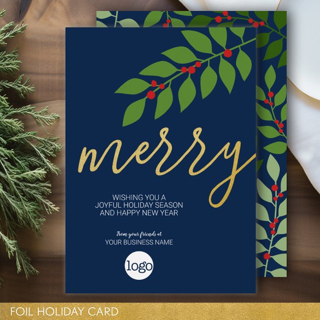 Tarjeta Festiva Con Relieve Metalizado Saludo de Navidades de negocios - Merry - Marina (Business Holiday Card - Add Your Logo to this Foil Accented Office Card)