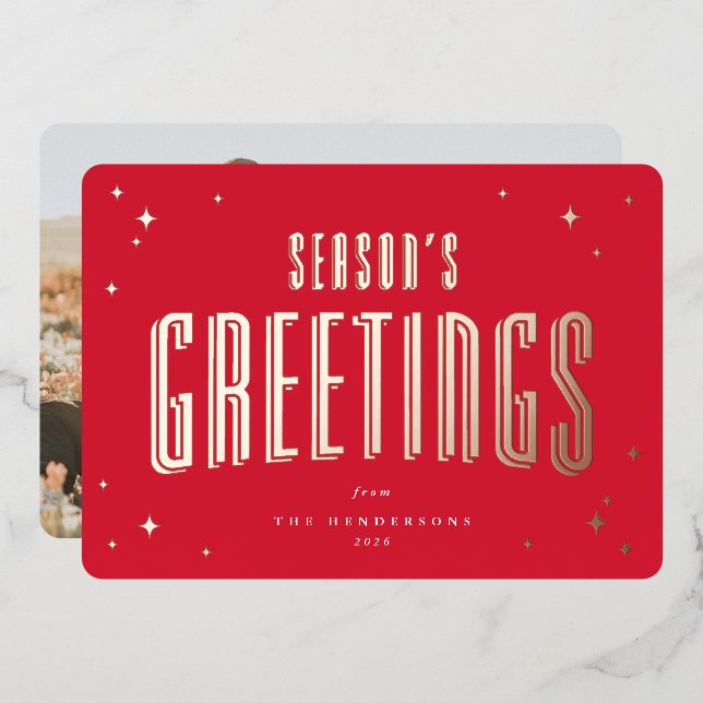 Tarjeta Festiva Con Relieve Metalizado Saludo de Temporada de Rojo Brillante con Estrella (Anverso/Reverso)