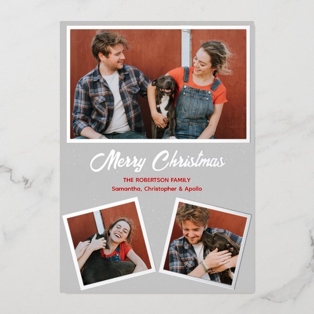 Tarjeta Festiva Con Relieve Metalizado Saludo moderno de Pitbull de Perro gris y rojo (Anverso)