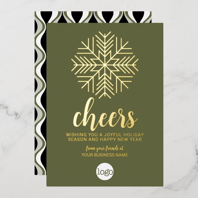 Tarjeta Festiva Con Relieve Metalizado Saludos a Snowflake Business Greeting - Green Gold (Anverso/Reverso)
