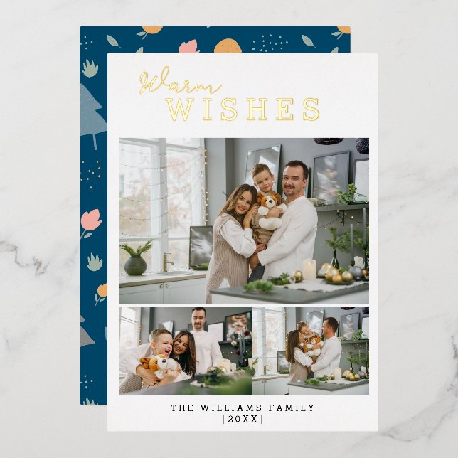 Tarjeta Festiva Con Relieve Metalizado Saludos cálidos 3 Collage de fotos (Anverso/Reverso)