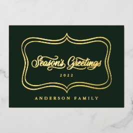 Tarjeta Festiva Con Relieve Metalizado Saludos de la Temporada Marco de Oro Clásico