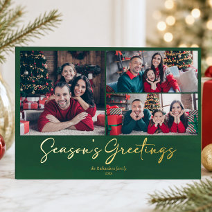Tarjeta Festiva Con Relieve Metalizado Saludos de Navidad de 3 Fotos Verdes