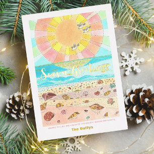 Tarjeta Festiva Con Relieve Metalizado Saludos de Playa Navidad