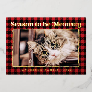 Tarjeta Festiva Con Relieve Metalizado Saludos de Temporada Cuadros Divertido Gato Mascot