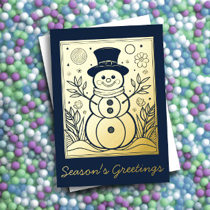 Tarjeta Festiva Con Relieve Metalizado Saludos de temporada de muñeco de nieve lindo