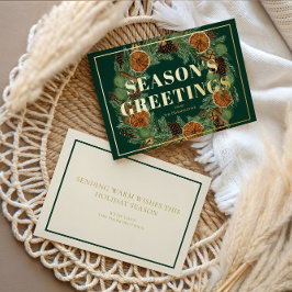 Tarjeta Festiva Con Relieve Metalizado Saludos de temporada de pino naranja seca rústica 