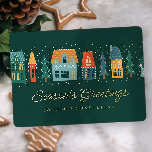 Tarjeta Festiva Con Relieve Metalizado Saludos de temporada Invierno moderno Pueblo nevad (Subido por el creador)