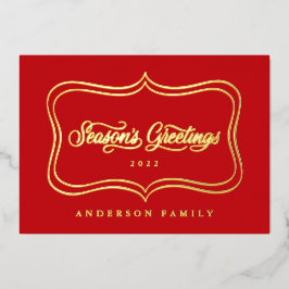 Tarjeta Festiva Con Relieve Metalizado Saludos de Temporada Marco Dorado Clásico