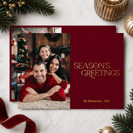 Tarjeta Festiva Con Relieve Metalizado Saludos de temporada roja 3 Foto Navidad Dorado