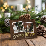 Tarjeta Festiva Con Relieve Metalizado Saludos de temporada: Rústico guión de oro<br><div class="desc">Personalizado económico imprimió tarjetas de felicitación de fotos con plantillas sencillas para la personalización. Este diseño rústico de moda presenta una plantilla de 2 fotos con texto de Relieve metalizado dorado real sobre un fondo de madera. Personalízalo con tus fotos, tu apellido, el año u otro texto personalizado. El lado...</div>