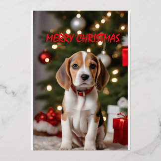 Tarjeta Festiva Con Relieve Metalizado Santa Beagle Cute Perro Feliz Navidad