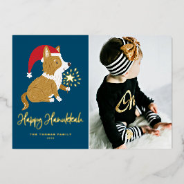 Tarjeta Festiva Con Relieve Metalizado Santa Corgi Foto Azul Feliz Hanukkah