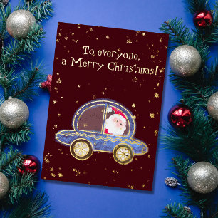 Tarjeta Festiva Con Relieve Metalizado Santa en su coche en Navidad